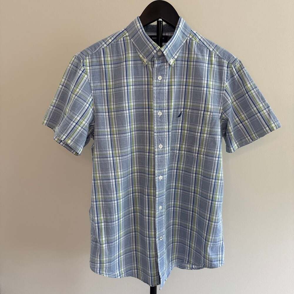 Nautica Mens Short Sleeve Button Down Shirt Size Medium Blue‎ Green Plaid-M